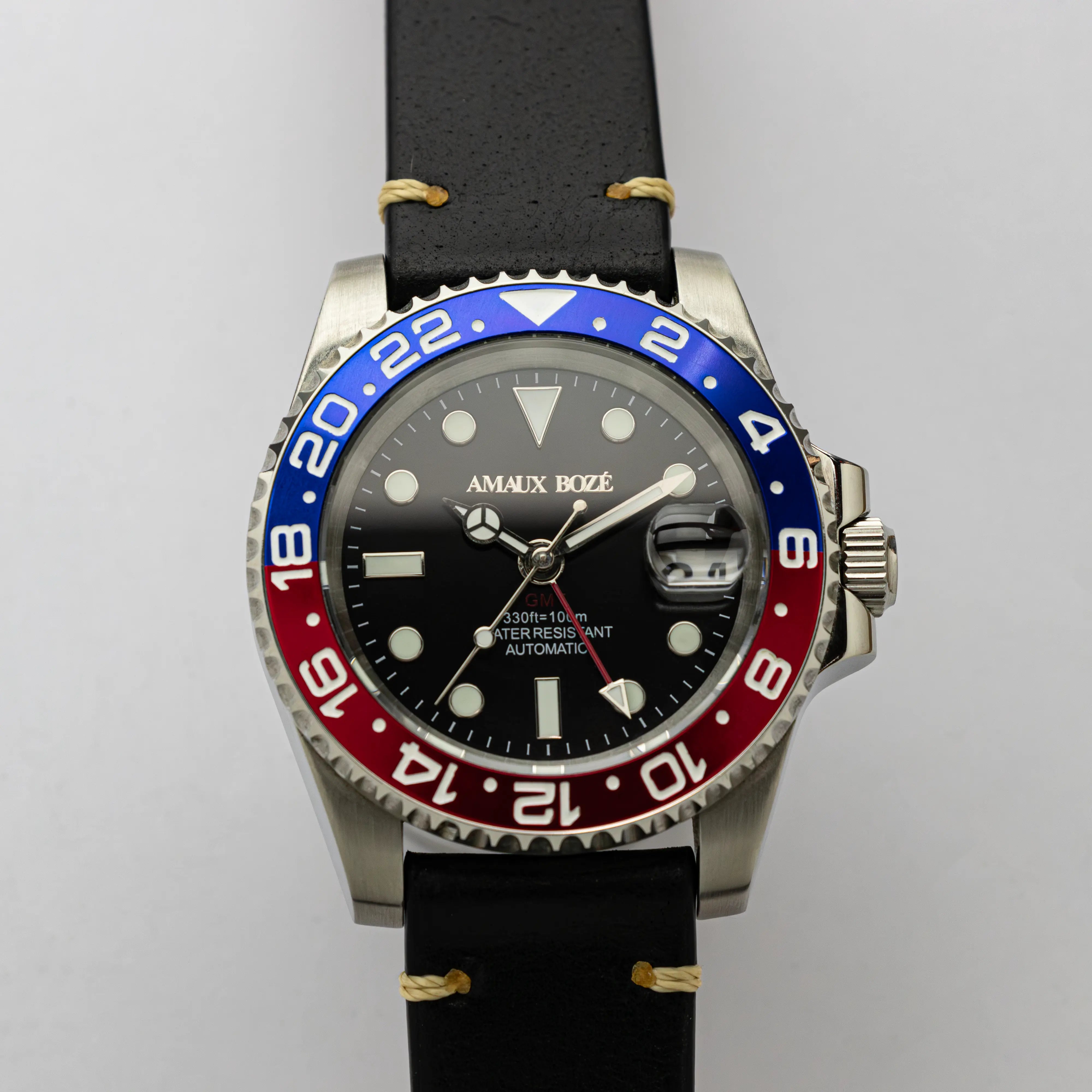 Itacah Blue/Red GMT Watch - Vintage Black Leather Strap
