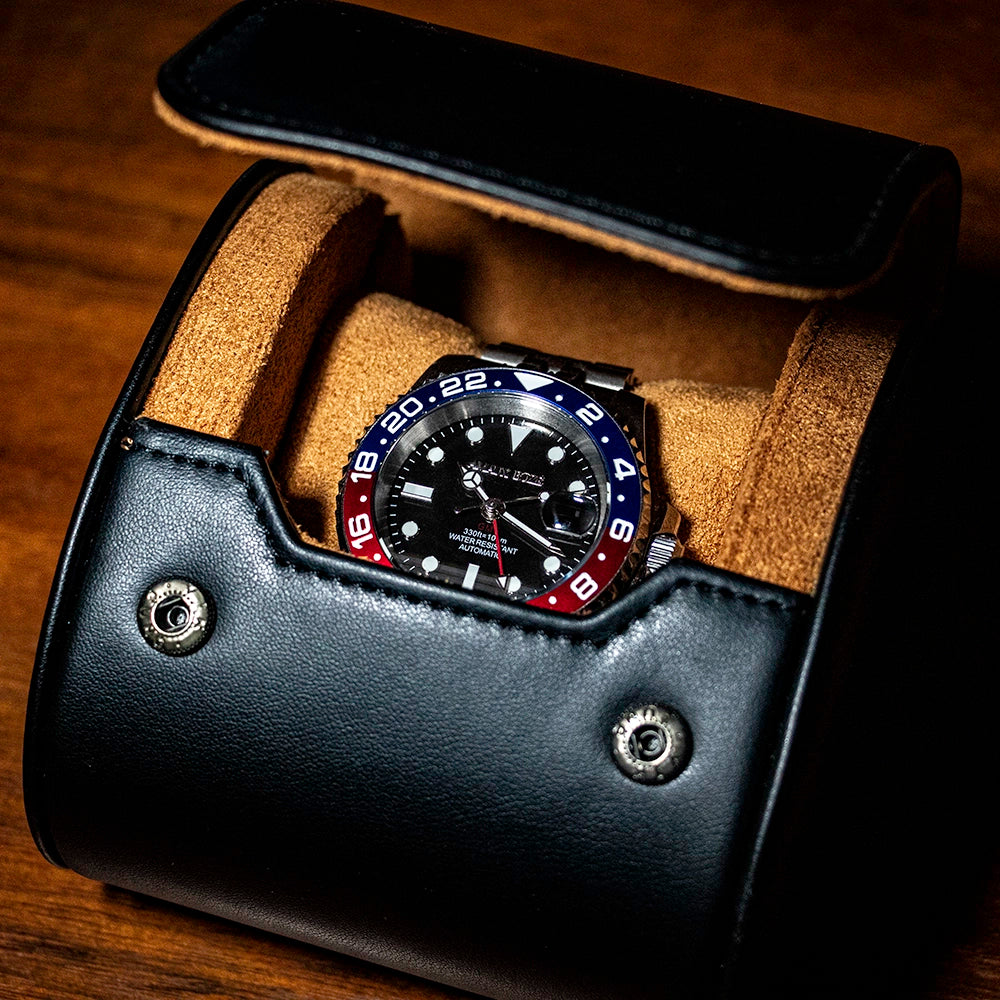 Itacah Blue/Red GMT Watch - Vintage Black Leather Strap