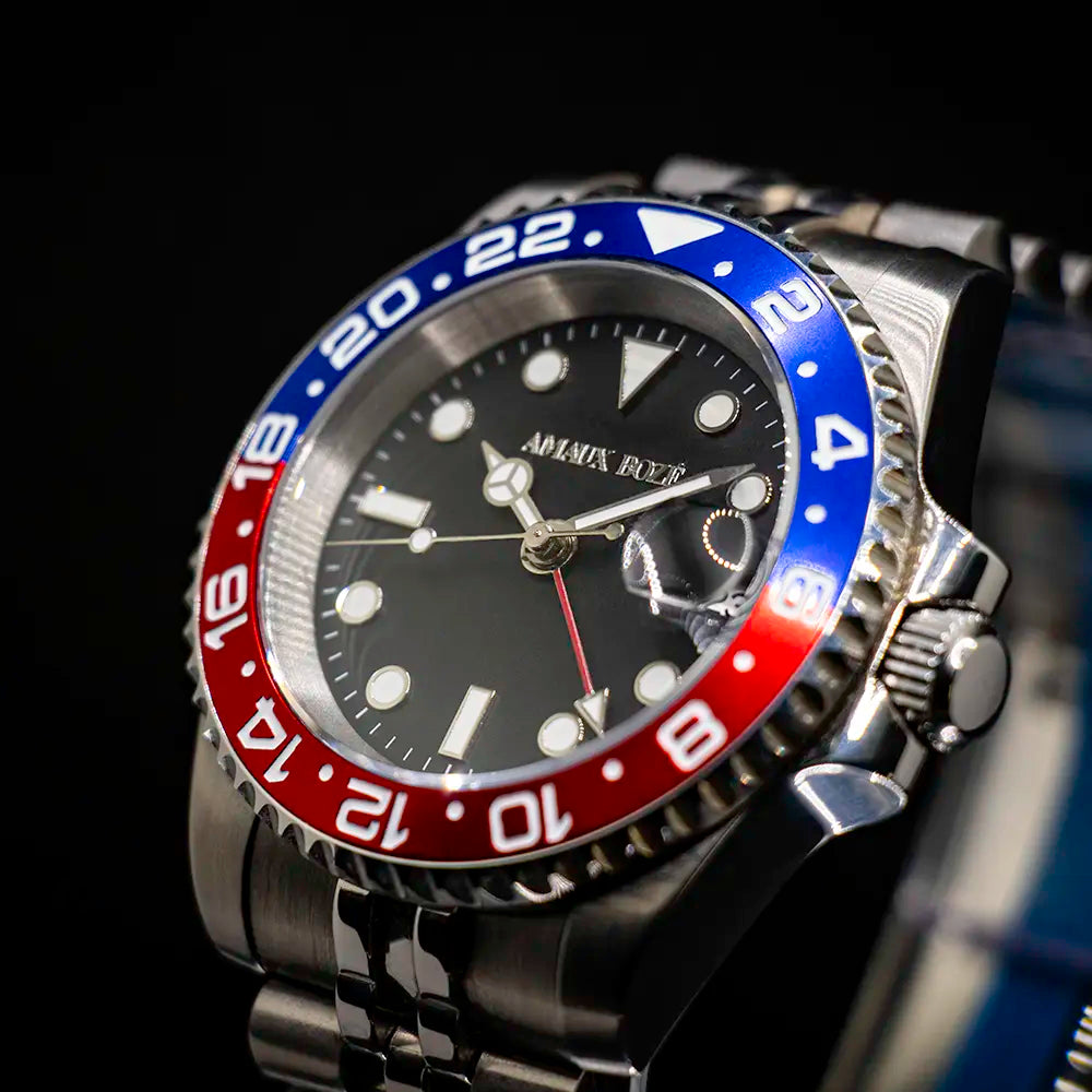 Itacah Blue/Red GMT Watch - Vintage Black Leather Strap