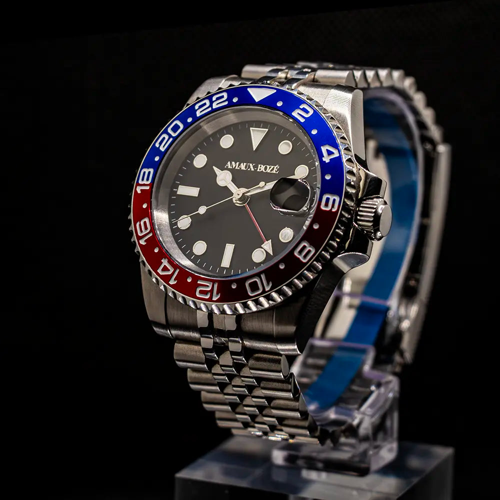 Itacah Blue/Red GMT Watch - Vintage Black Leather Strap