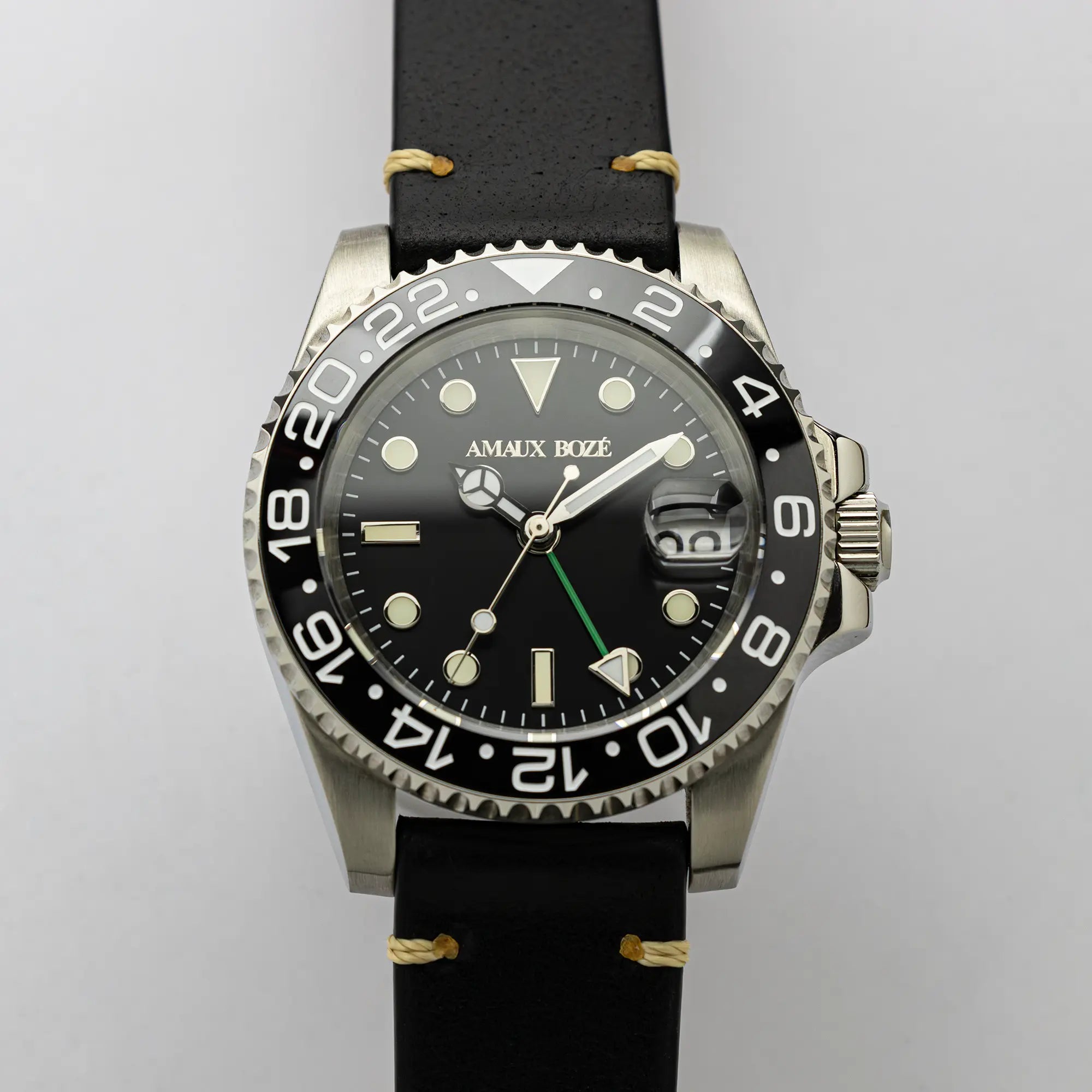Itacah Black GMT Watch - Vintage Black Leather Strap