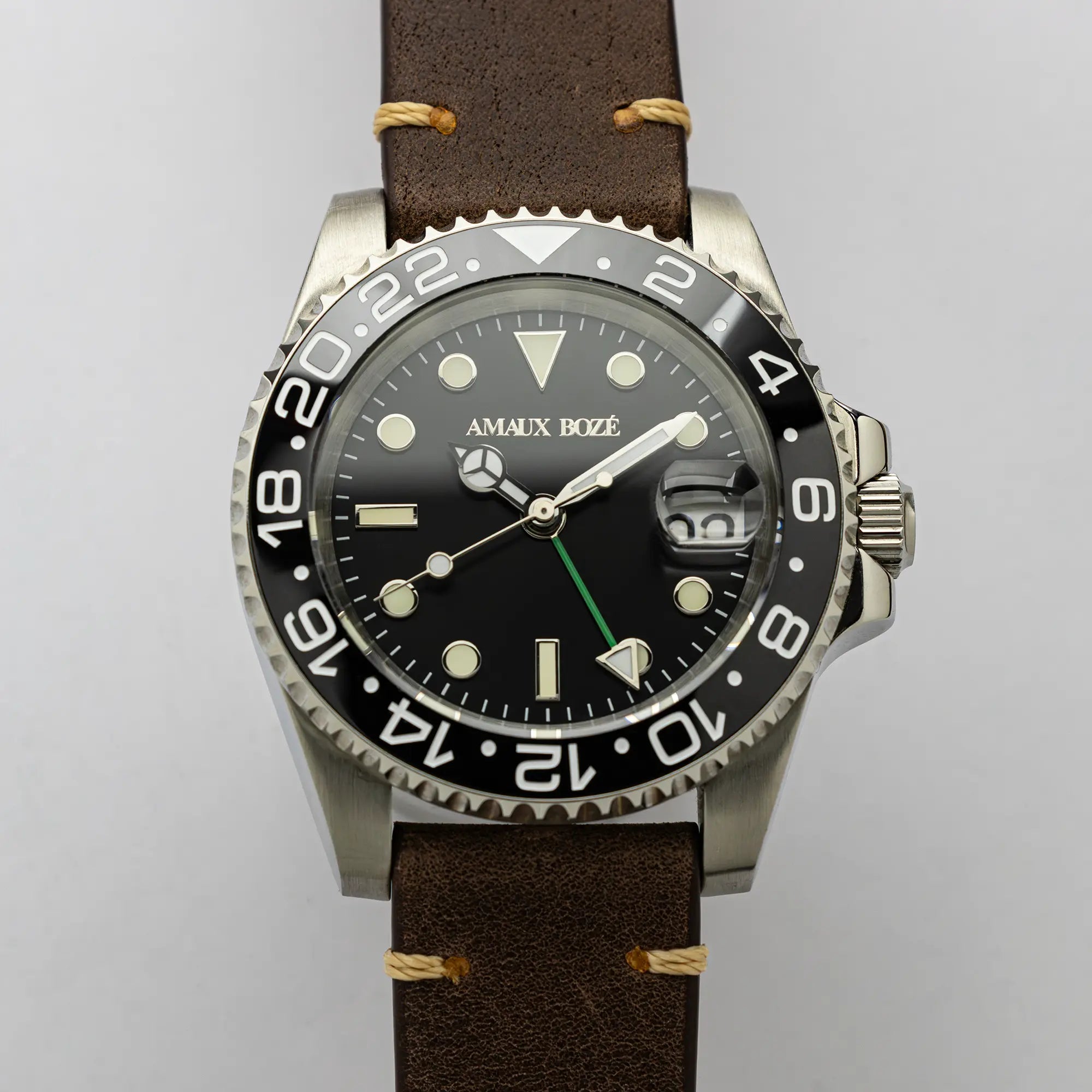 Itacah Black GMT Watch - Vintage Dark Brown Leather Strap
