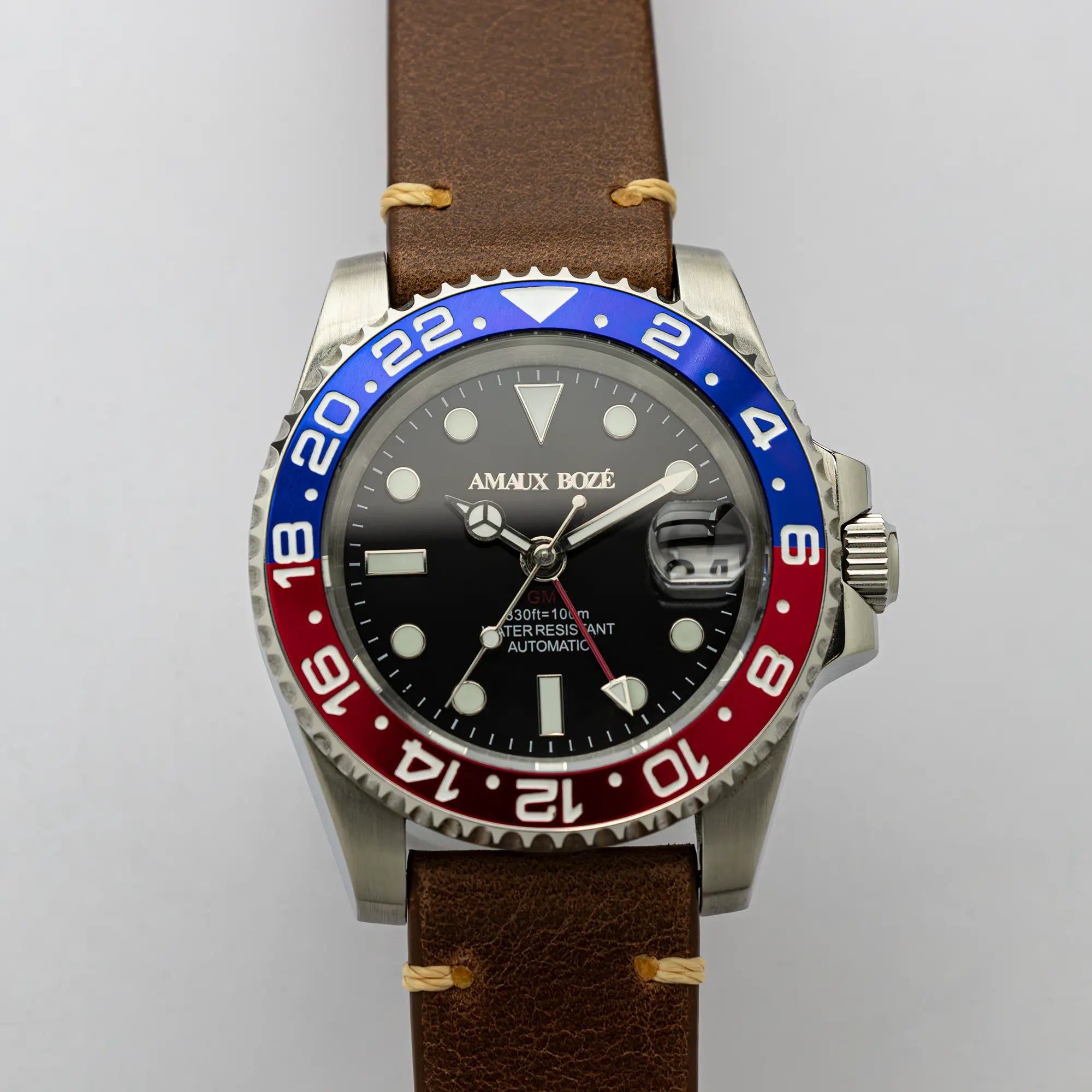 Itacah Blue/Red GMT Watch - Vintage Brown Leather Strap